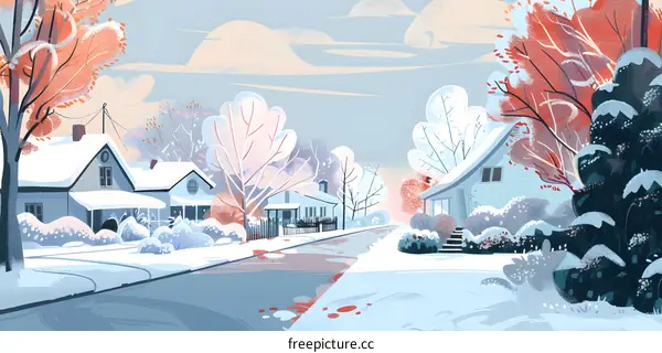 Winter Landscape Illustration with Houses and Trees