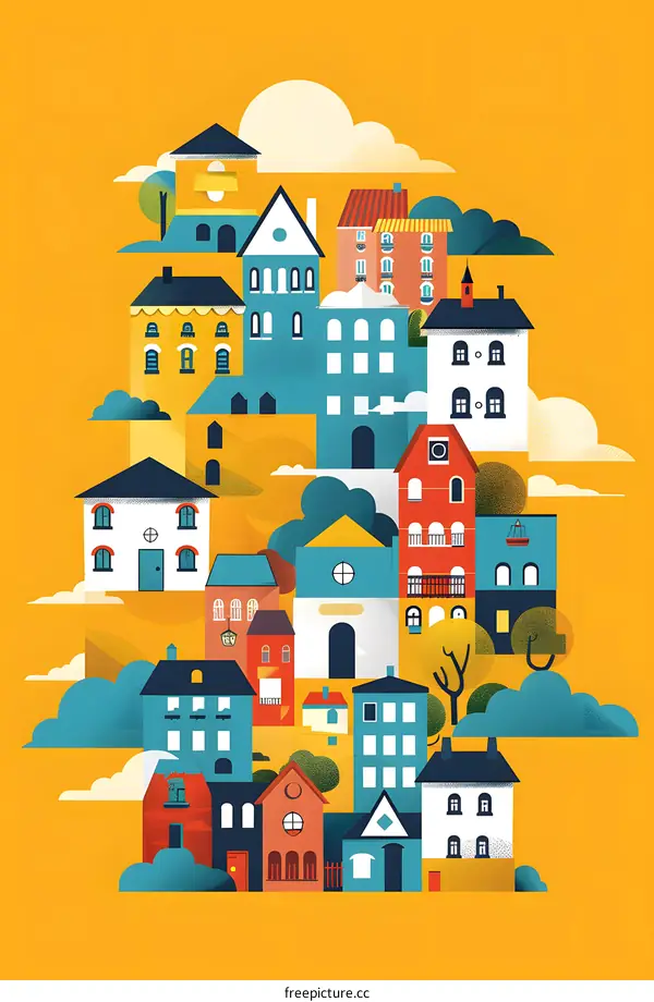 Colorful Illustration of a Small Town with Houses and Clouds