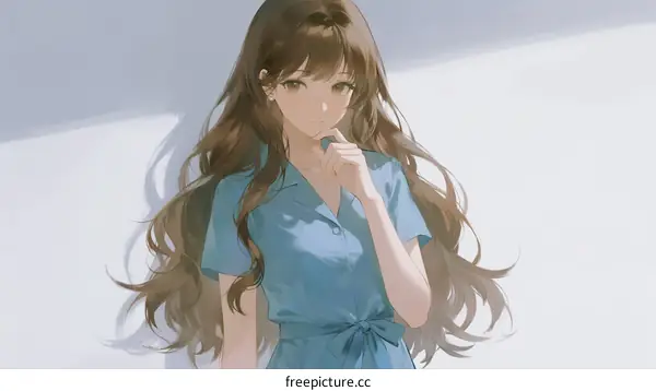 A Young Woman with Long Brown Hair Wearing a Blue Dress