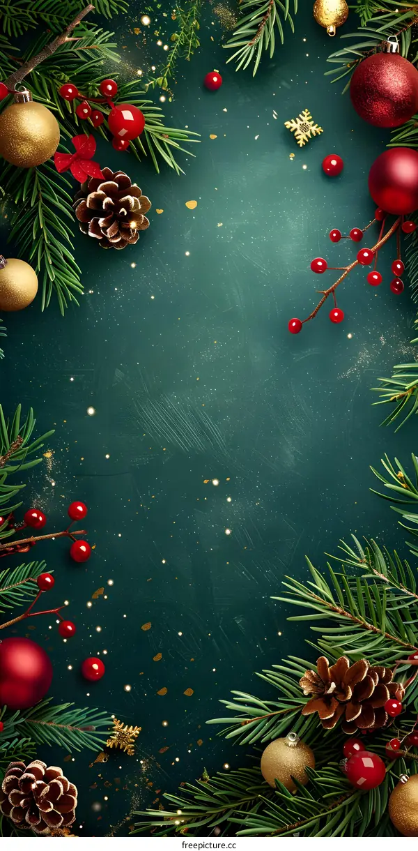 Christmas background with fir branches and red and gold ornaments