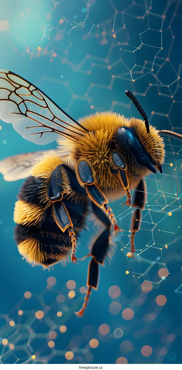 A bee on a blue background with a honeycomb pattern.