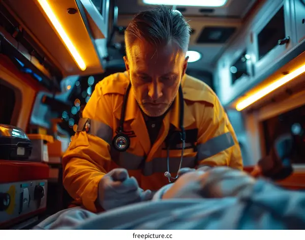 paramedic checking patient vital signs in ambulance