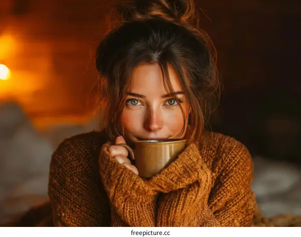 Woman Enjoying Warm Coffee in Cozy Interior