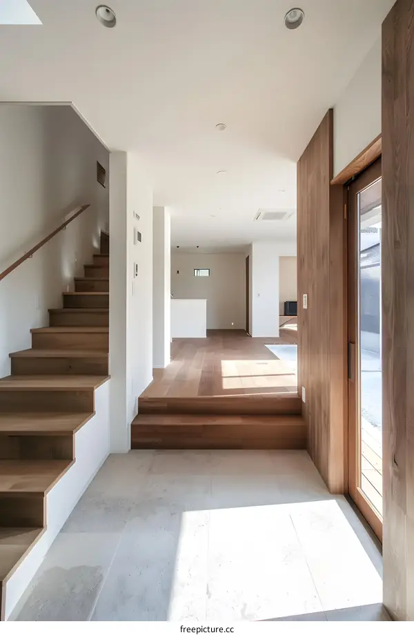 Modern Minimalist Home Interior Design With Wooden Stairs And Natural Light