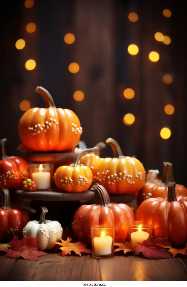 A beautiful still life of pumpkins and candles