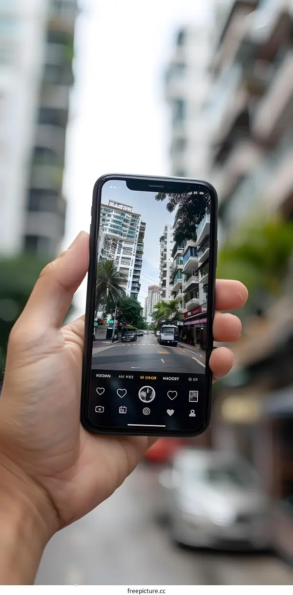 Hand Holding Phone Capturing Cityscape in Hong Kong