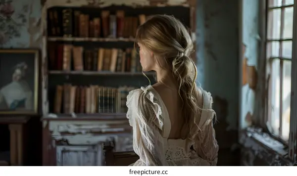 girl in a vintage dress standing in a library