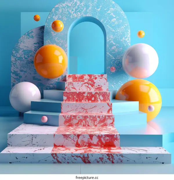 3D rendering of a blue and pink podium with stairs and a red carpet