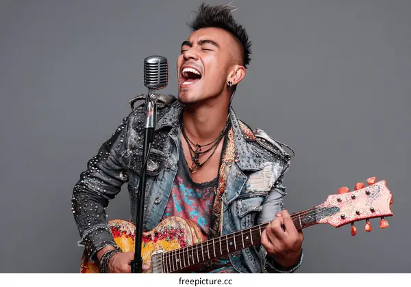 Man Singing and Playing Electric Guitar on Gray Background