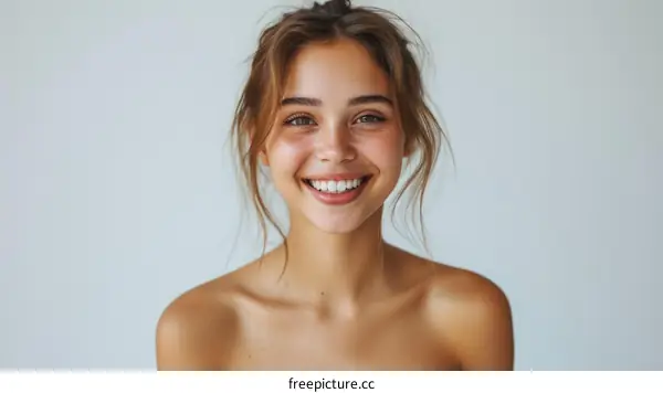 portrait of a smiling young woman with brown hair and green eyes