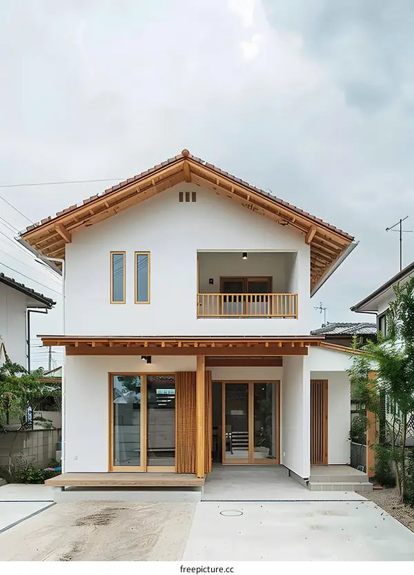 Modern Japanese Style House Exterior with Wooden Beams and White Walls