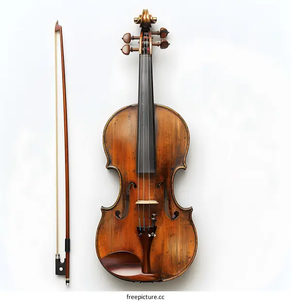An old violin and bow on a white background