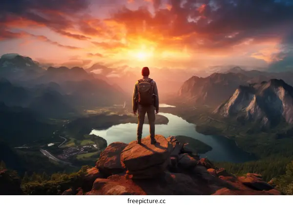 Man on Rock Watching Sunset Over Mountain Lake