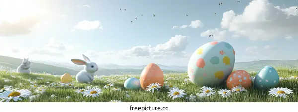 Easter Bunny and Eggs in a Meadow