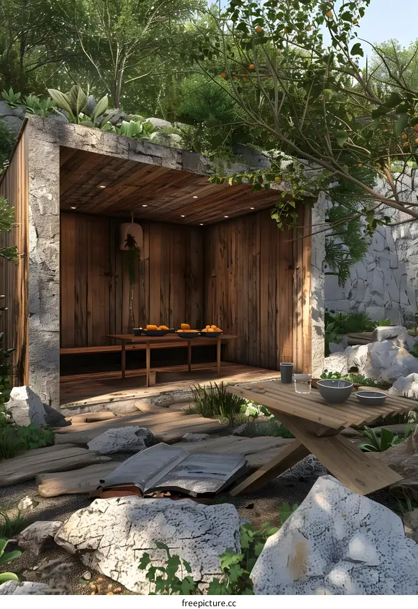 Wooden Cabin in a Forest Setting with a Table and Book