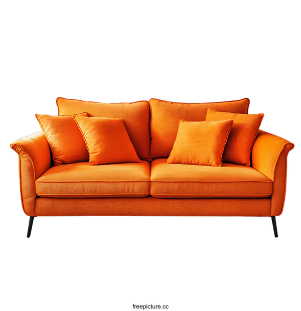 [Transparent Background PNG]Modern Orange Sofa with Cushions on transparent background