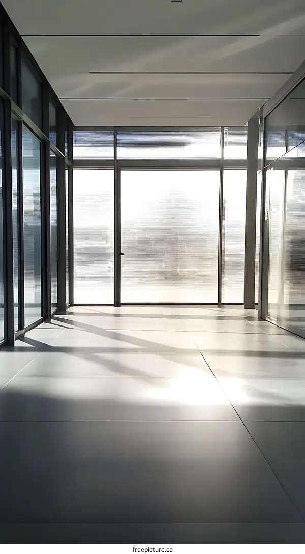 Modern Office Building Interior with Glass Walls and Sunlight