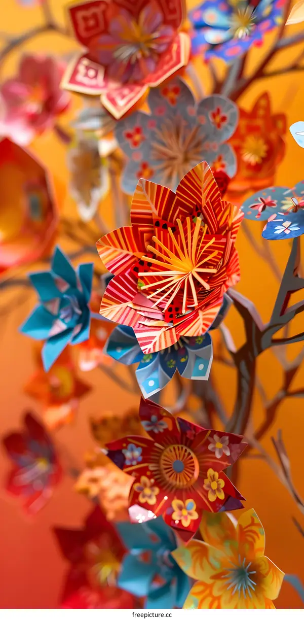 Colorful Paper Flowers on Orange Background
