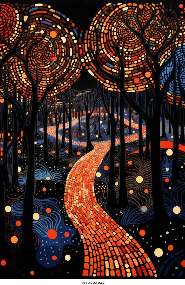 Surreal forest path lined with vibrant glowing trees and a brick road leading into darkness