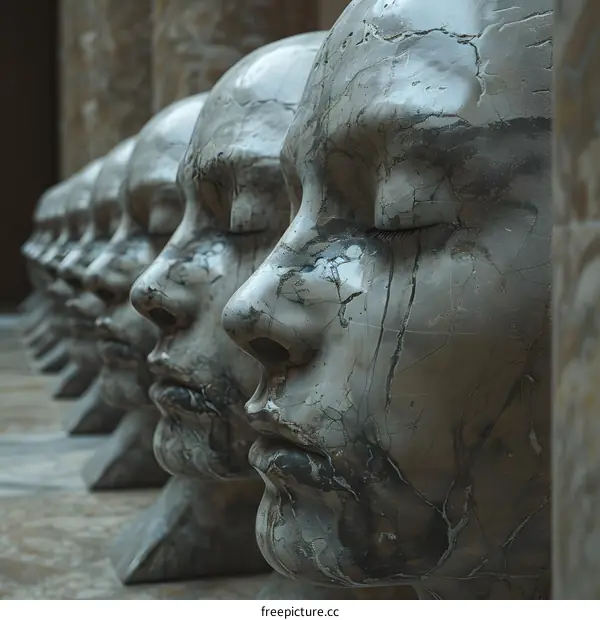 Marble sculpture heads in a row