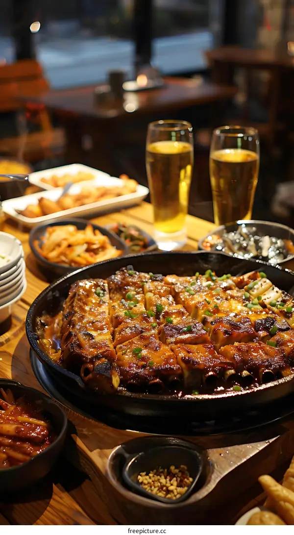 Grilled Ribs Dinner on Wooden Table