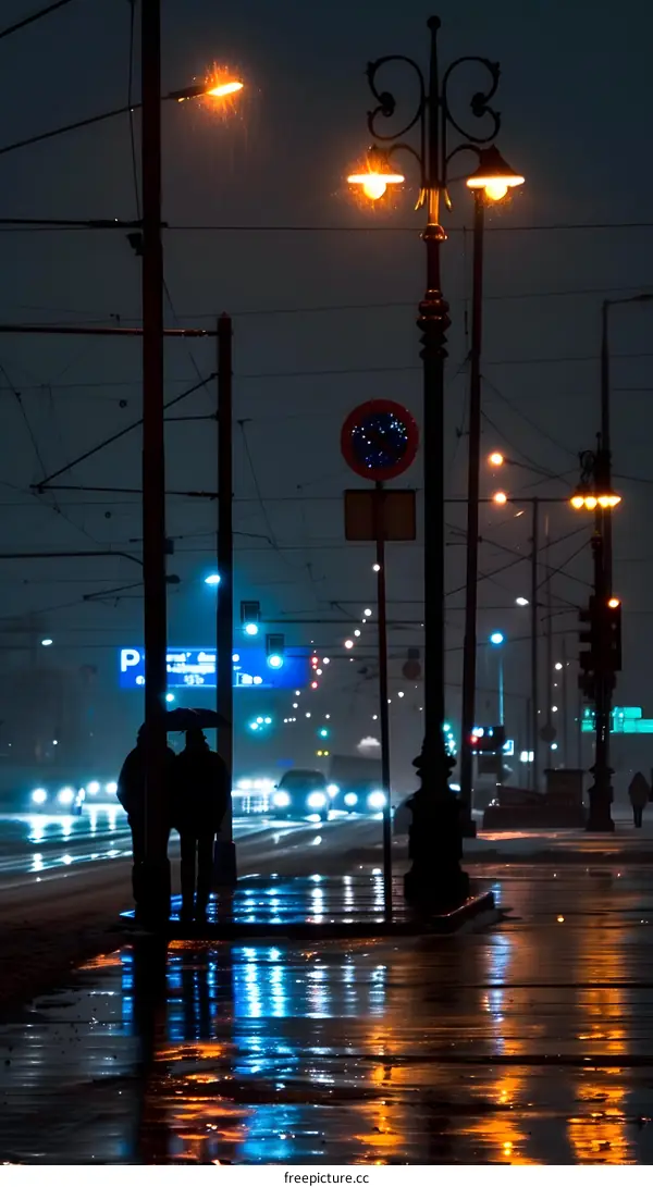 Night Cityscape with Couple under Umbrella and Street Lights