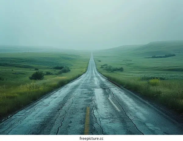 Country road through the green fields under the grey sky