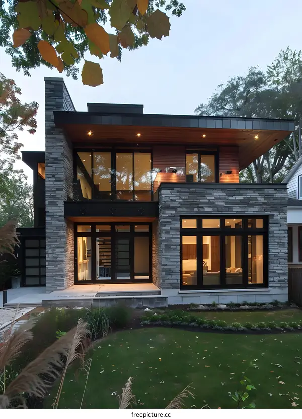 Modern Stone and Wood House with Large Windows