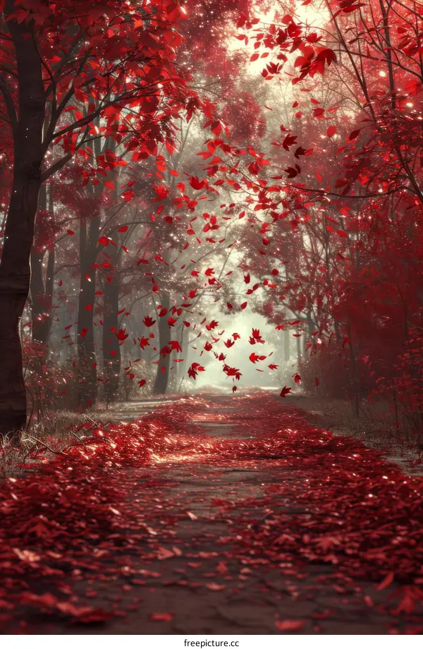 Red Leaves Falling in Autumn Forest