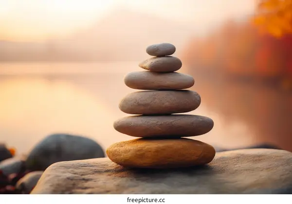 Stack of stones on the shore of a lake, with a beautiful sunset in the background