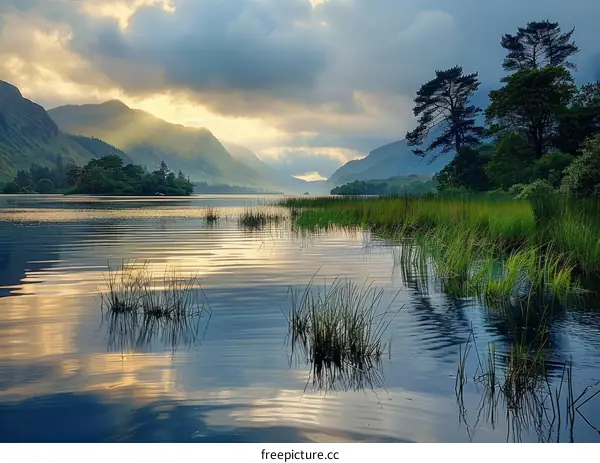 Tranquil Mountain Lake with Lush Greenery and Azure Sky