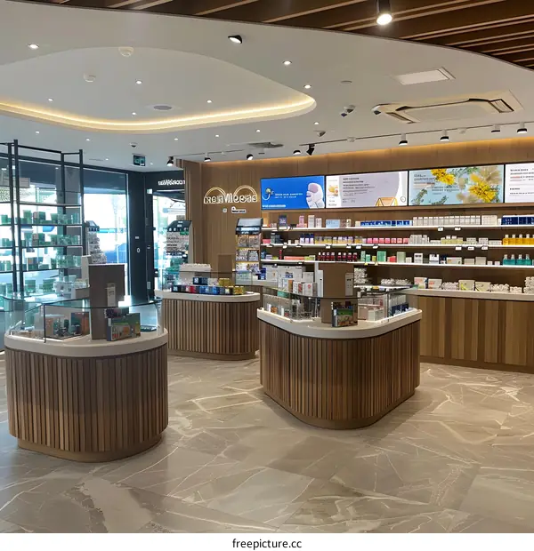 Modern Pharmacy Interior with Wooden Shelving and Display Cases