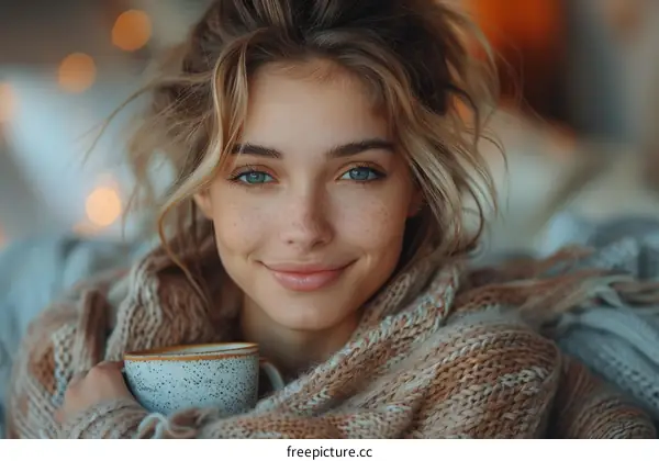 An attractive young woman with freckles on her face is holding a cup of something and smiling at the camera.