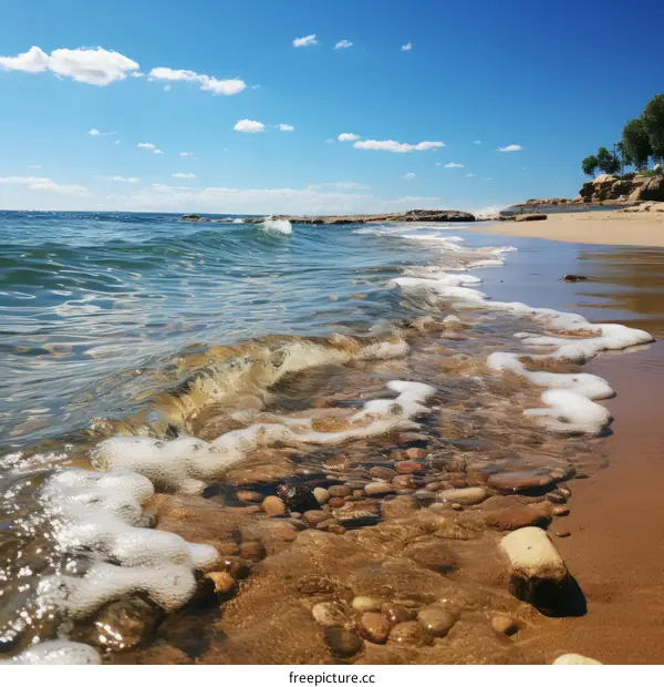 Tranquil Beach with Smooth Pebbles and Crashing Waves