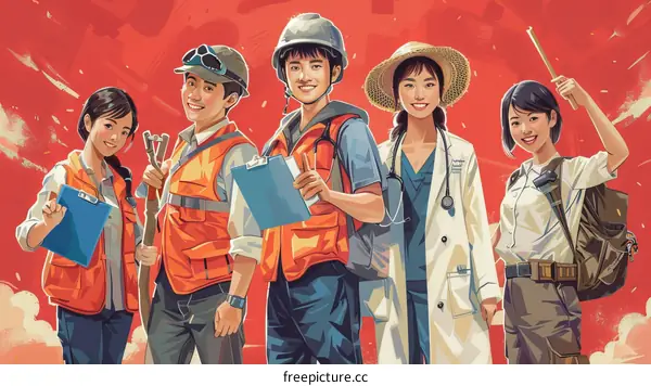 A group of young people in work clothes are standing together.