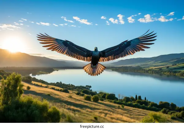 A Majestic Bald Eagle Soars Over a Pristine Mountain Lake