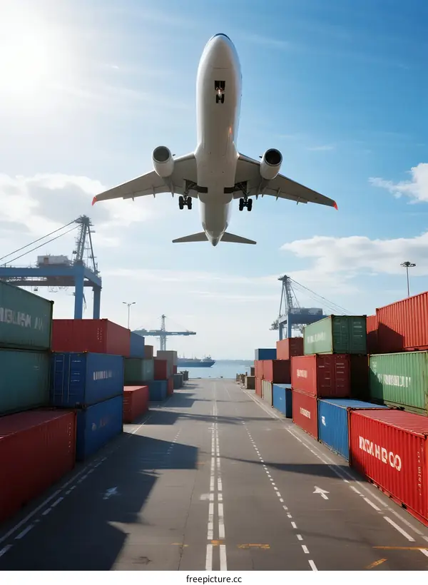 Airplane flying over cargo containers at logistics port