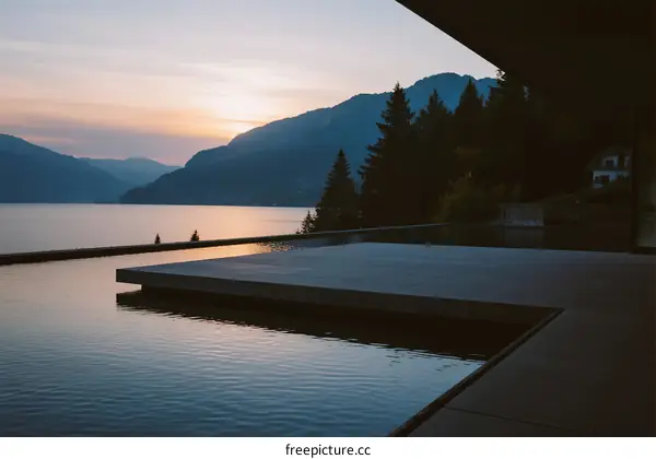 Serene sunset view with calm water and mountainous backdrop