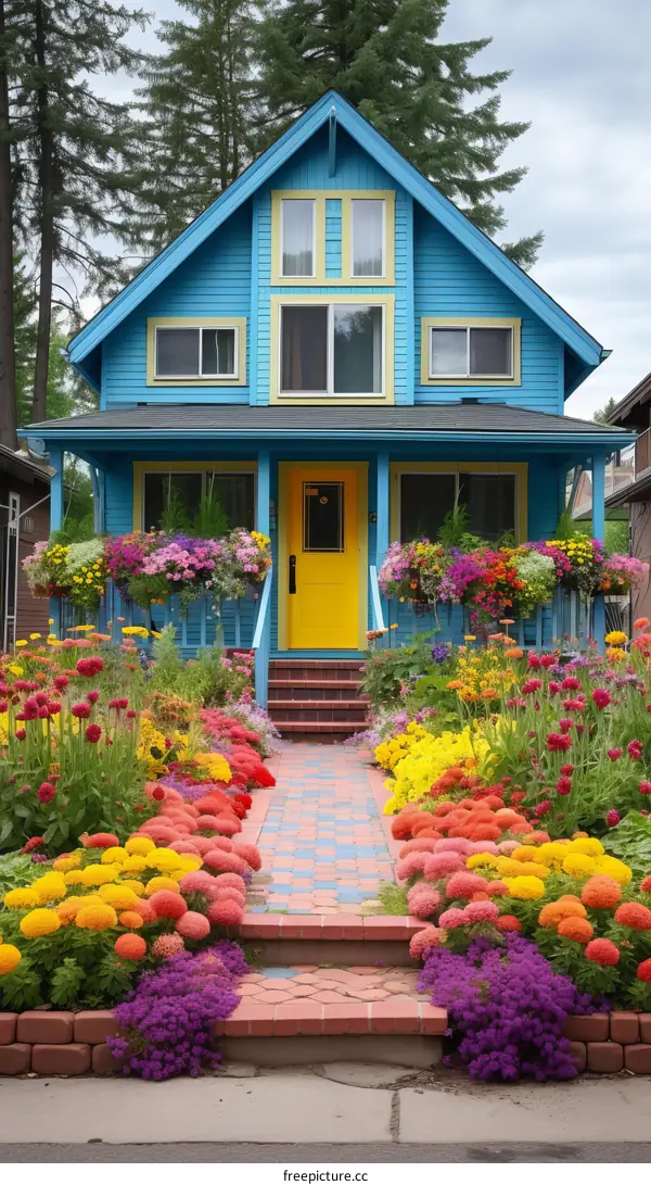Colorful Cottage with Yellow Door and Brick Walkway