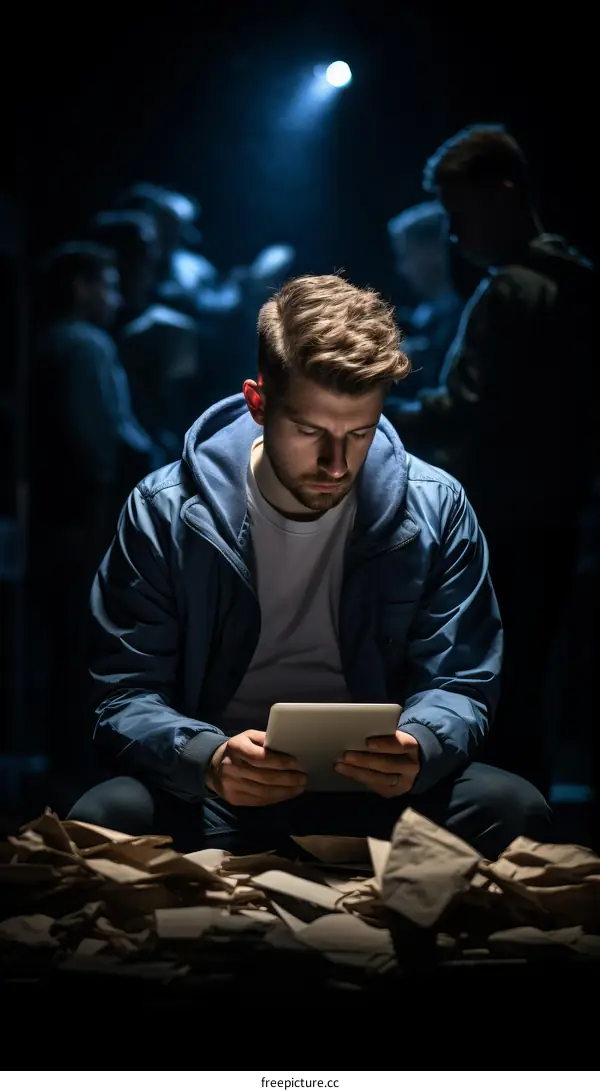 Young man reading a tablet in a dark room