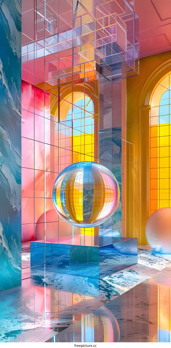 3D rendering of a colorful room with a large sphere in the center