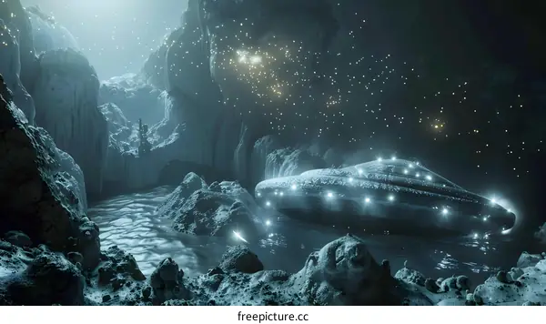 Alien Spaceship Landing on a Rocky Planet