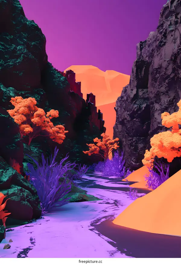 Abstract Canyon Landscape with Purple and Orange Color Palette