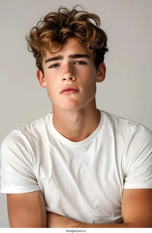 Young Man with Freckles and Curly Hair