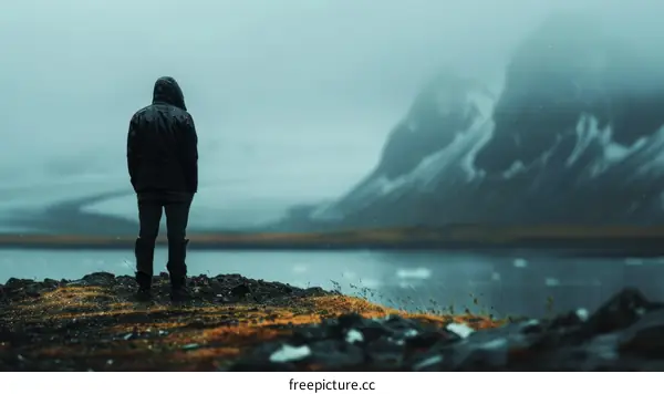 Man in black jacket standing on rocky cliff near body of water