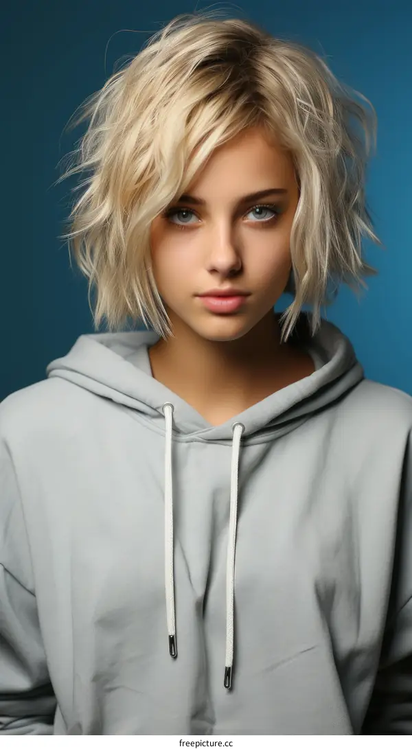 Portrait of a young blonde woman in a gray hoodie