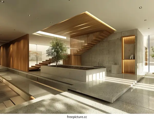 Modern Home Interior with Staircase and Tree