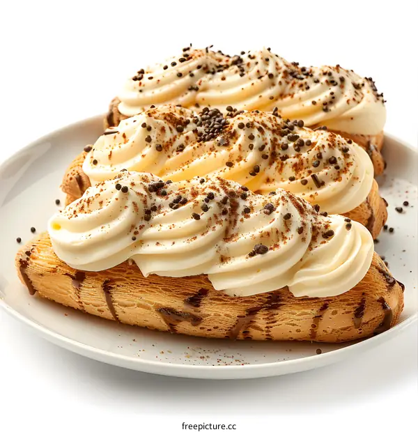 Creamy dessert with chocolate sprinkles on a white plate