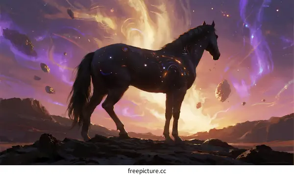 A Majestic Cosmic Horse Standing Amidst Stardust and Flaming Nebulas