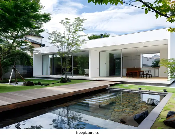 Modern Japanese House with Wooden Deck and Stone Pond